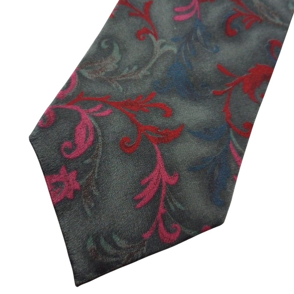 Bill Blass Mens Silk Necktie Gray  Floral Vine Scroll Pattern Tie